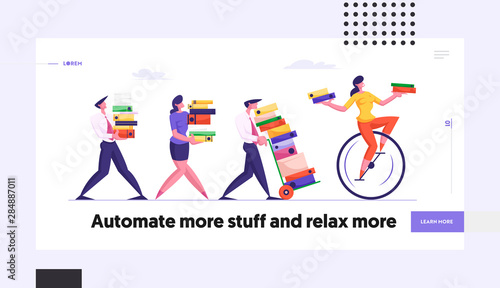 Busy Employees Loaded with Hard Work. Business People Carry Piles of Documentation Following Woman Riding Monowheel with Files Website Landing Page. Web Page Banner. Cartoon Flat Vector Illustration