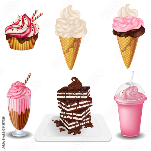 Set of  sweet products ice cream, cup cake, biscuit, milk shake on  white background.