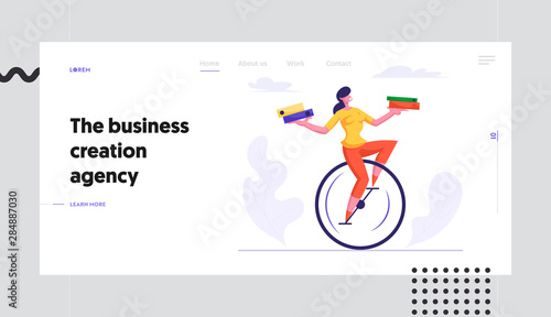 Company Employee Loaded with Hard Work in Office Website Landing Page. Business Woman Riding Monowheel Holding Piles of Paper Documents, Deadline Web Page Banner. Cartoon Flat Vector Illustration,