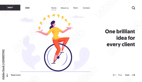 Businesswoman Character Racing Leadership Competition Website Landing Page. Business Woman Riding Monowheel Juggling with Light Bulbs. Creative Idea Web Page Banner. Cartoon Flat Vector Illustration