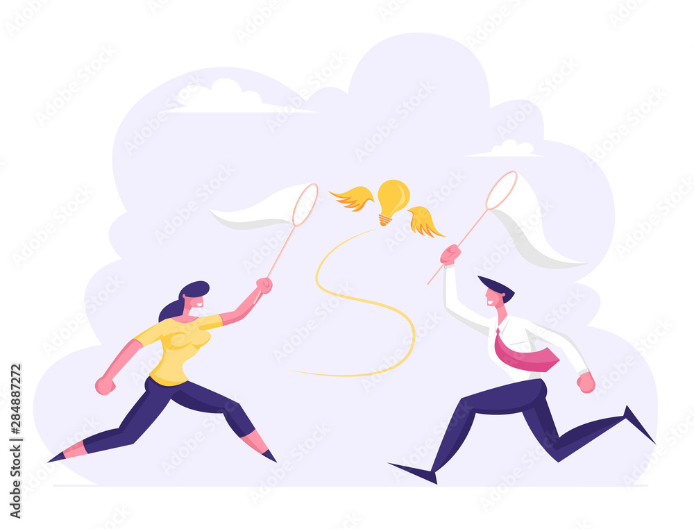 Obraz premium Businessman and Businesswoman Chasing Flying Light Bulb Trying to Catch it with Butterfly Net. Inspiration Creative Idea Financial Success Business Opportunity Wealth. Cartoon Flat Vector Illustration