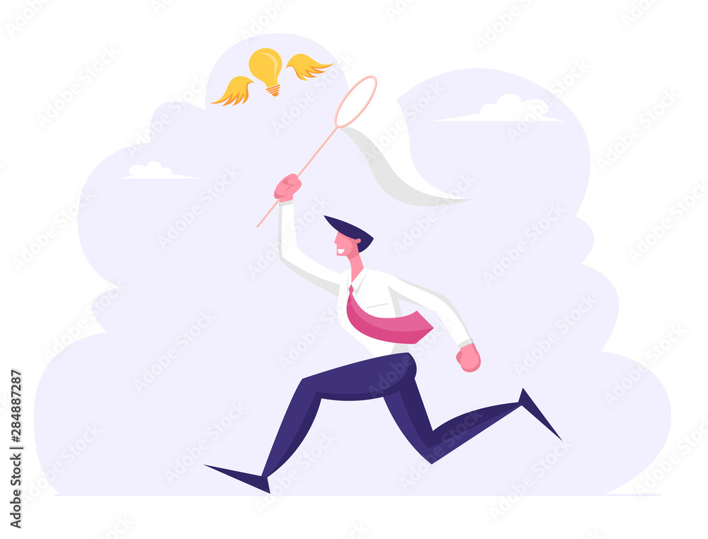 Businessman Chasing Flying Light Bulb Trying to Catch it with Butterfly Net. Business Man Searching Inspiration Creative Idea, Financial Success Opportunity Wealth. Cartoon Flat Vector Illustration Businessman Chasing Flying Light Bulb Trying to Catch it with Butterfly Net. Business Man Searching Inspiration Creative Idea, Financial Success Opportunity Wealth. Cartoon Flat Vector Illustration
