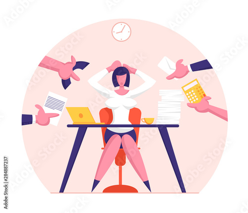 Business Woman Surrounded by Hands with Office Things. Multitasking and Time Management Concept. Female Character Sitting at Workplace Loaded with Hard Work in Office. Cartoon Flat Vector Illustration