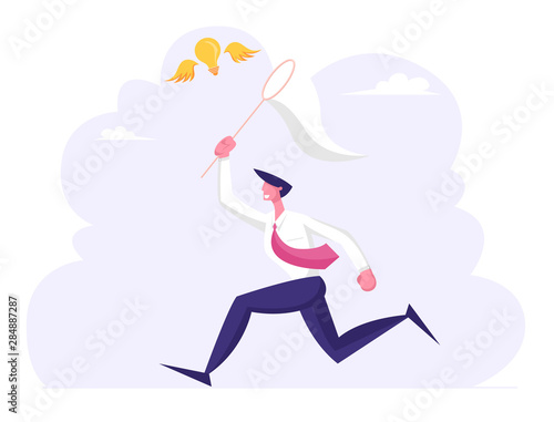 Businessman Chasing Flying Light Bulb Trying to Catch it with Butterfly Net. Business Man Searching Inspiration Creative Idea, Financial Success Opportunity Wealth. Cartoon Flat Vector Illustration