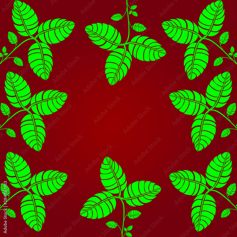 green tree leaves frame with red background