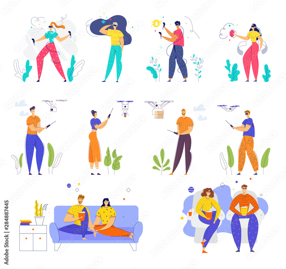Set of Male and Female Characters Wearing Vr Glasses, Playing with Quadcopter, Visiting Cinema and Watching Tv at Home, Happy People Leisure Hobby Entertainment Relax Cartoon Flat Vector Illustration