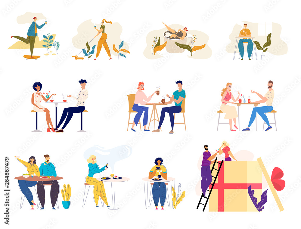 Set of Male and Female Characters Walking with Pets Outdoors, Drinking Coffee on Street Visiting Cafe for Meal, People Dating, Engagement Man Presenting Ring to Girl Cartoon Flat Vector Illustration