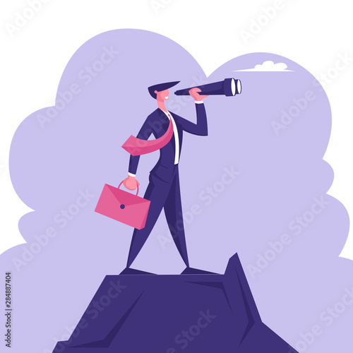 Businessman with Briefcase in Hand Stand on Mountain Top Watching to Spyglass. Business Vision, Recruitment Employee, Business Character Visionary Forecast Prediction. Cartoon Flat Vector Illustration