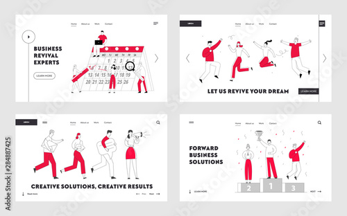 Business Life Website Landing Page Set. Businesspeople Team at Calendar Make Schedule, Happy Friends Celebrating, Business People on Winners Pedestal Web Page Banner. Cartoon Flat Vector Illustration