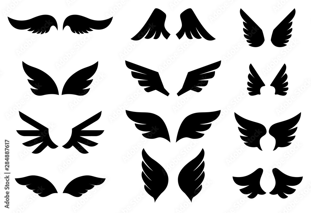 Set of the wing icons. Design element for poster, emblem, sign, logo, label. Vector illustration Set of the wing icons. Design element for poster, emblem, sign, logo, label. Vector illustration
