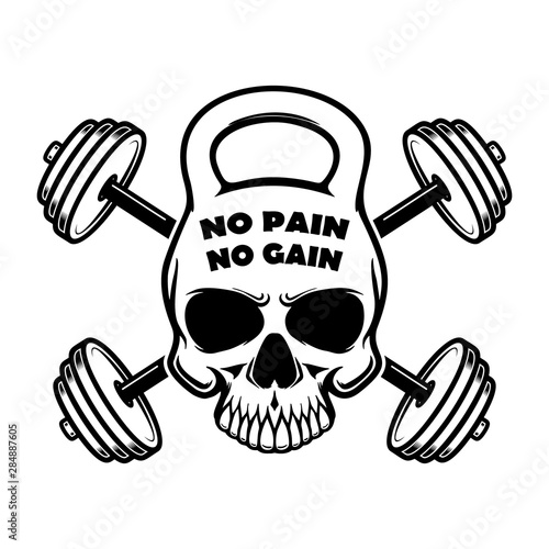 no pain no gain. Skull in kettlebell form and crossed barbells. Design element for logo, label, sign, poster. Vector illustration
