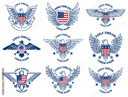 Set of emblems with eagles and usa flags. Design element for poster, emblem, sign, logo, label. Vector illustration