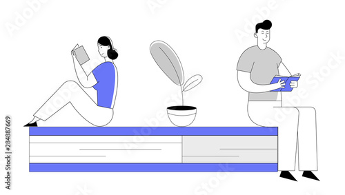 People Enthusiastically Reading Sitting on Huge Book. Young Woman and Man Students Spend Time in Library or Prepare for Examination Characters Gaining Knowledge. Cartoon Flat Vector Illustration