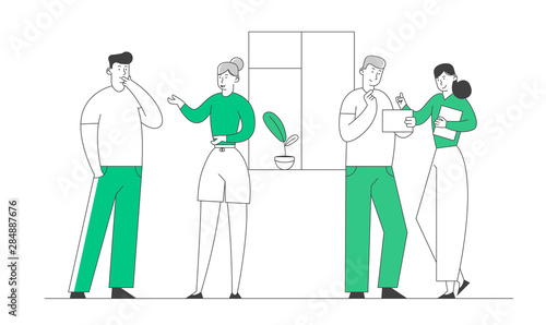 Businesspeople Colleagues or Friends Communicating Indoors. Young Men and Women Chatting and Communicate in Office or at Home. Business Characters Discussion Cartoon Flat Vector Illustration  Line Art