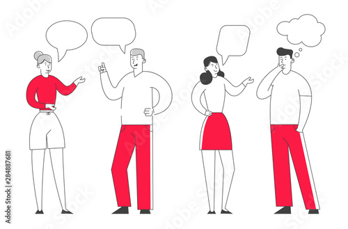 Group of Young People Speaking Together. Male and Female Characters Communication with Dialog Speech Bubbles. Teamwork and Connection Business People Discuss Cartoon Flat Vector Illustration, Line Art