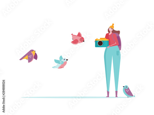 Birding, bird watching, eco tourism concept. Woman with camera take photo birds on white background. Vector illustration in flat cartoon design