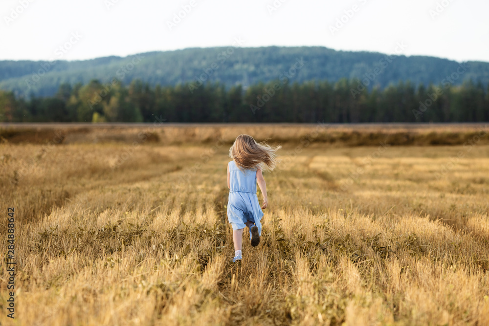 A little blonde girl is runing in a wheat field in summer.