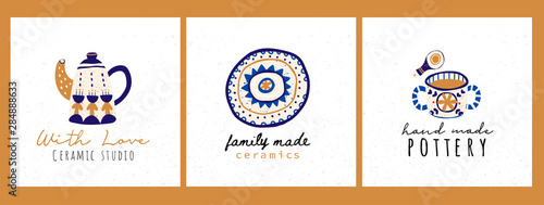 Hand drawn various ceramics, pottery. Dish, pot, cup, mug, plate, bowl. Ethnic ornament. Colored trendy vector illustration. Flat design. Stamp texture. Pre-made logos