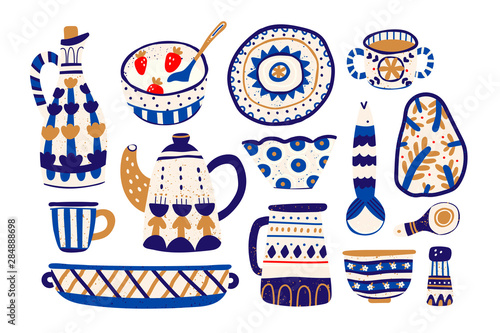 Various ceramics, pottery. Dishes, pot, cup, mug, spoon, plate, jug, bowl. Ethnic ornament. Hand drawn vector set. Colored trendy illustration. Flat design. Stamp texture. All elements are isolated