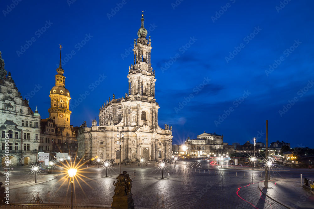 Square with Cathedral of the Holy Trinity (Katholische Hofkirche) in Dresden, Germany