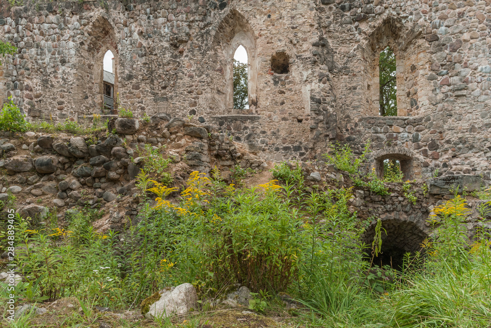 Fototapeta premium The ruins of a medieval castle on a cloudy day. Sigulda, Latvia