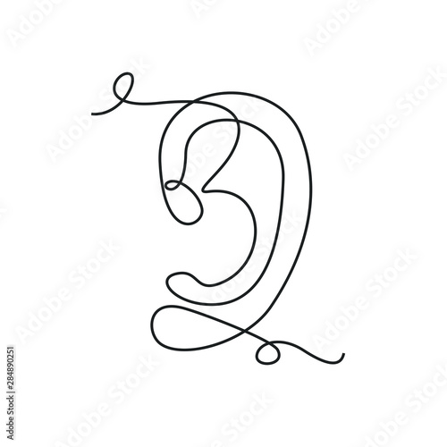 Ear one line drawing on white isolated background. Vector illustration