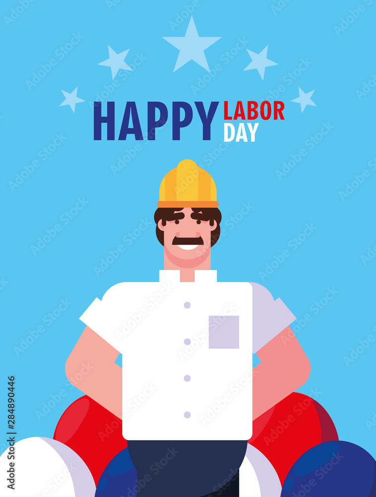 labor day label with man worker construction