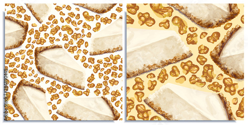 Vector set of seamless pattern piece of cheesecake cakes with tender, delicate creamy-curd cheese. Crisp and crumble cake with back, appetizing, realistic, homemade cakes, with walnuts. Tasty