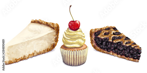 Vector isolated pattern, cheesecake, crumbly gentle wet biscuit cupcake with a stunning cream soft air cheese cream, beige color, taste like creme brulee. Juicy crumby american blueberry pie
