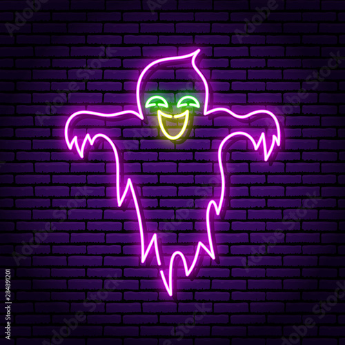 Ghost purple neon sign. Against the background of a brick wall. Halloween. Kind smile.