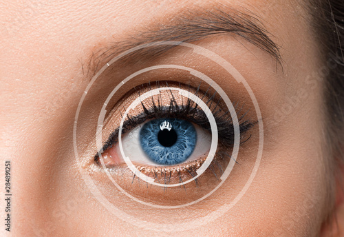 Close up human eye. Biometric identification concept.