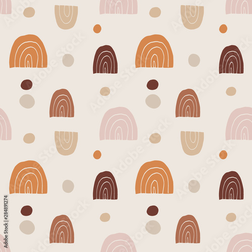 Trendy hand drawn seamless pattern with doodle rainbows and dot circles. Retro abstract geometric design. Repeating tile for branding, fabric, textile, wallpapers. Cute vector illustration background.