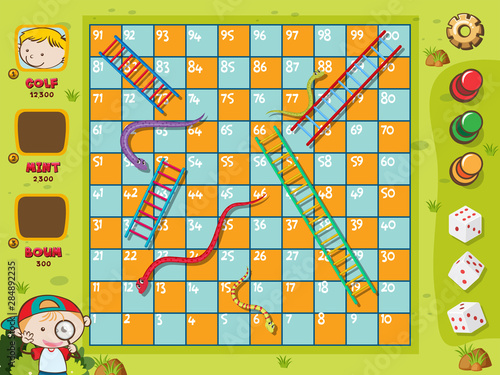 Snakes and ladders game boy on green grass