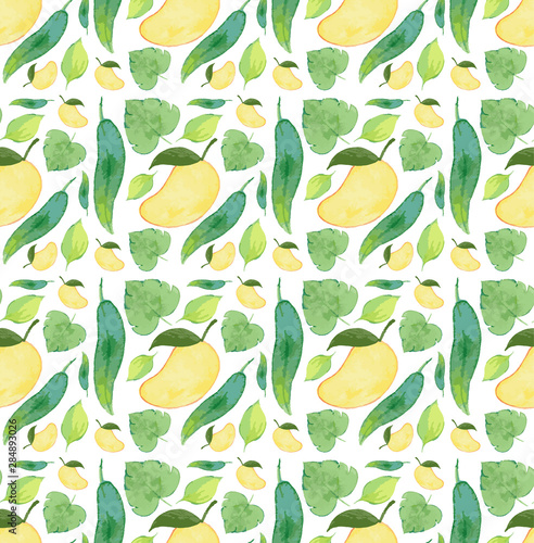 Seamless background design with mango and leaves