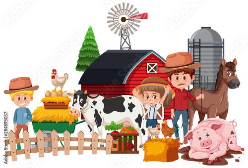 Farmers and animals on white background
