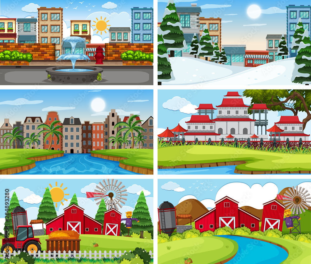 A set of outdoor scene including building A set of outdoor scene including building