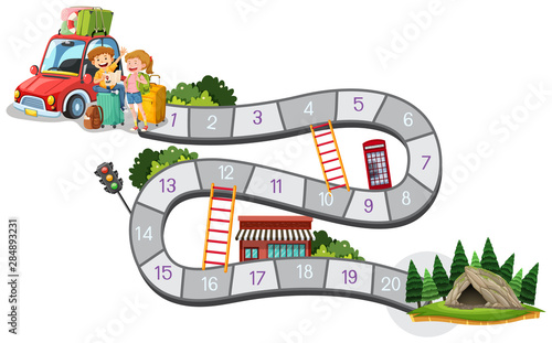 Boardgame design template with family trip to mountain