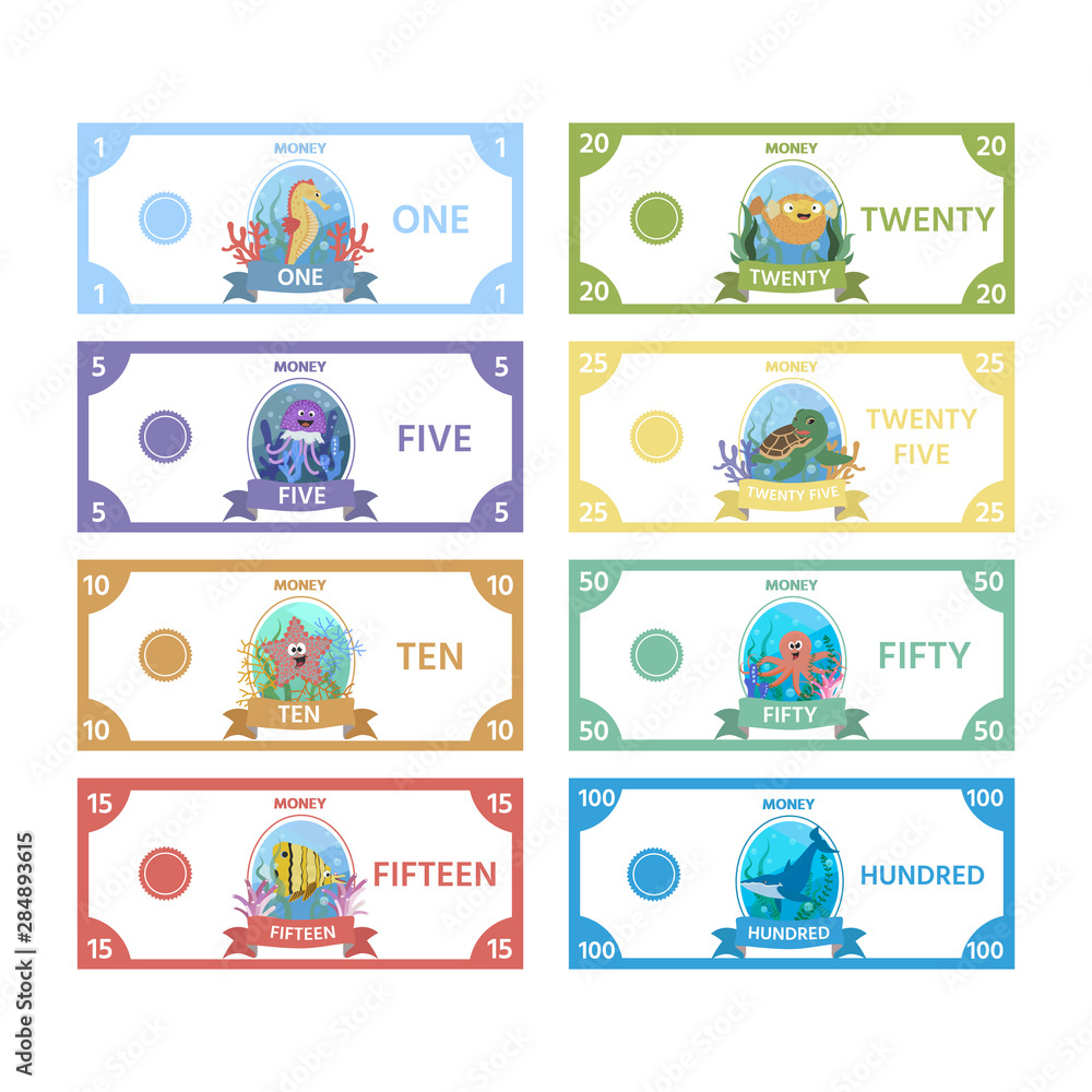 Vector set of paper money for children's games with cute sea Horse, turtle, a fish, jellyfish, starfish. Activity sheet for kids. Matching education game for children.