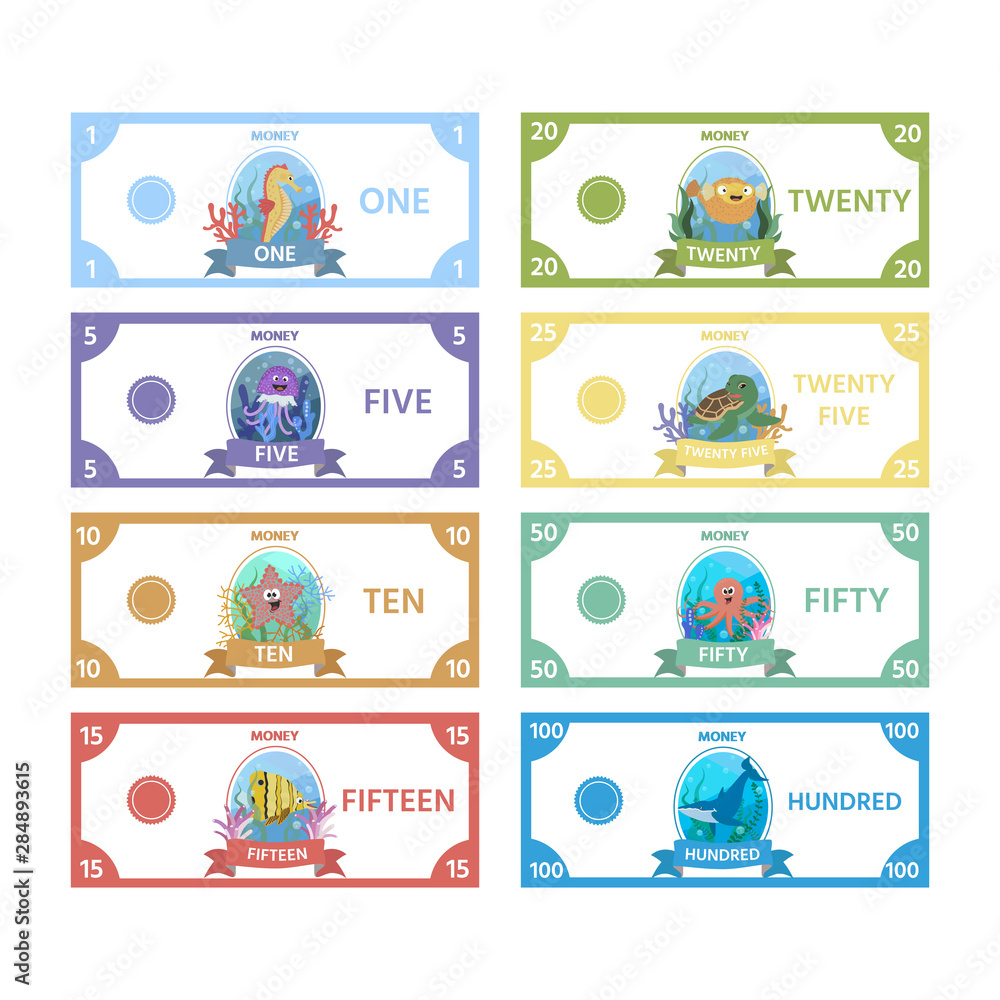 Vector set of paper money for children's games with cute sea Horse, turtle, a fish, jellyfish, starfish. Activity sheet for kids. Matching education game for children. Vector set of paper money for children's games with cute sea Horse, turtle, a fish, jellyfish, starfish. Activity sheet for kids. Matching education game for children.