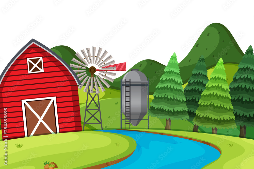 Scenery background of farmland with red barn