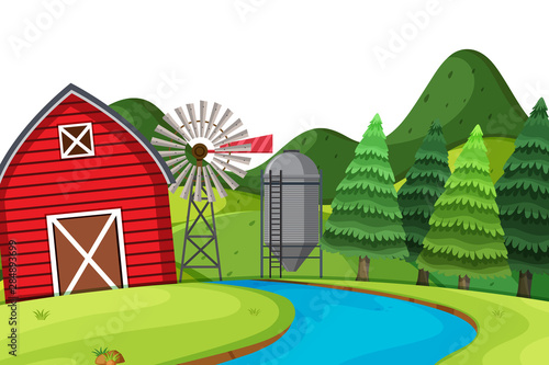 Scenery background of farmland with red barn