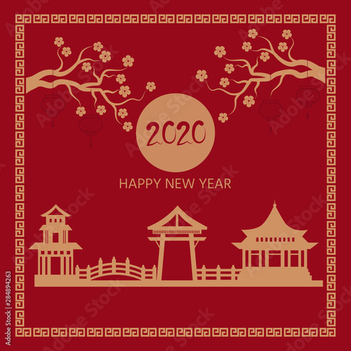 Happy Chinese New Year 2020 year with red lantern on red background with gold border for greeting cards, banner, web.