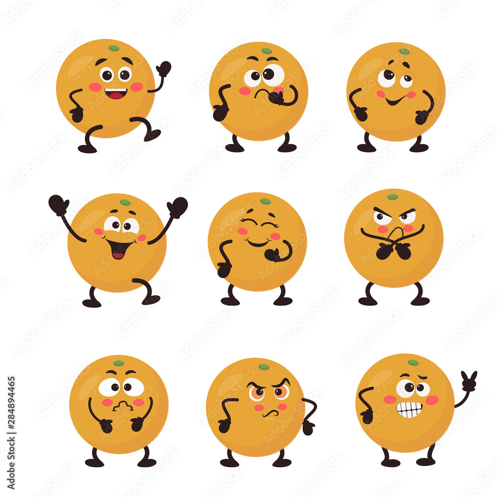 Set of orange character. Different emotions. Vector illustration for your design, nursery decor, prints, childish background, T-shirt. Humanized funny pencils smiling, winking, giving okay