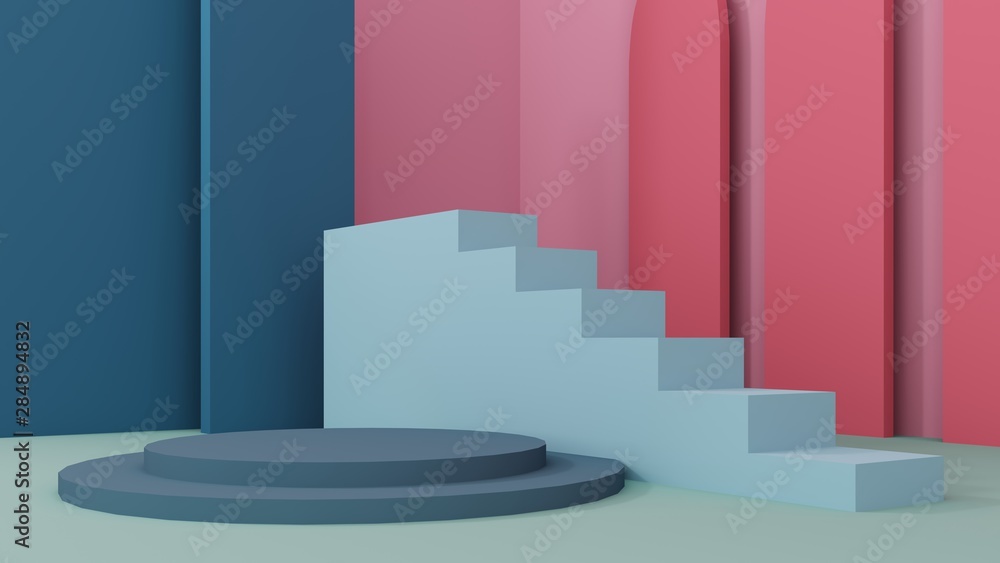 Interior studio with geometric objects. Architectural background for advertising products, presentations.Staircase with steps -podium,stand for shoes on background of vintage bright room - 3D,render. Interior studio with geometric objects. Architectural background for advertising products, presentations.Staircase with steps -podium,stand for shoes on background of vintage bright room - 3D,render.