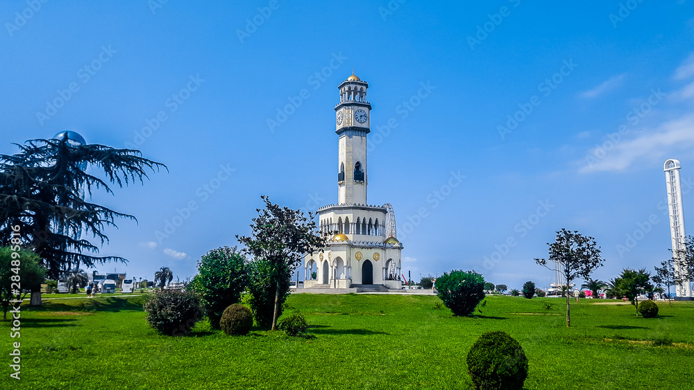  A tower in the style of the Ottoman Empire with a clock and a yellow dome. Also known as the Tower of Chacha. Batumi, Georgia