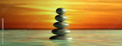 Zen stones row from large to small in water with blue sky. 3d illustration