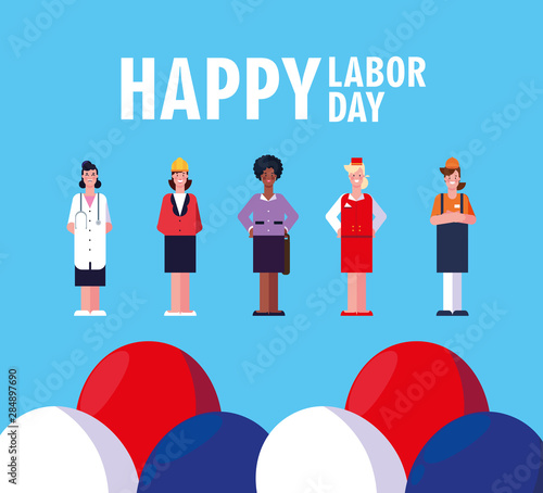labor day label with women professionals