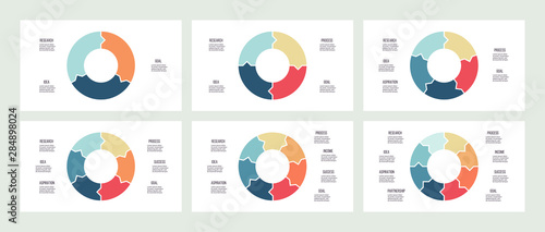 Business infographics. Circles with 3, 4, 5, 6, 7, 8 parts, arrows. Vector templates.