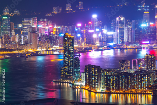 Hong Kong  China - August  2019    Hong Kong cityscape at night  sky scraper building
