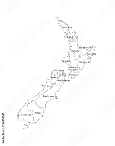 Vector isolated illustration of simplified administrative map of New Zealand. Borders and names of the regions. Black line silhouettes